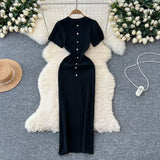 Style Temperament Knitting New High-End Collar Single Buckle Short Sleeve Slimming French Style Long