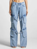 Toloer 2024 New Fashion Retro Multi-Pocket Design Sense Strap Jeans Women's Straight Tube Casual Versatile Pants-Outfit