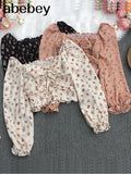 New Spring Fashion All-match square collar puff sleeve Shirt drawstring ruched Long Sleeve Shirt