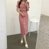 Korea Elegant Lapel Thin Tweed Small Suit Short Jacket + High Waist Chic Button Slim Womens Two Piece Skirt Sets Summer 425-0-Outfit