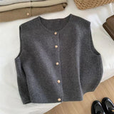 Line Single Row Small Gold Button Round Collar Knitted Vest Cardigan Woman Sleeveless Shoulder Vest