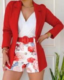 Fashion Women Autumn Coat And Print Shorts Two Piece Sets Elegant Blazers Shorts Suit With Belt Vestiti Interi