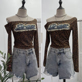 Girls Letter Sticker Leopard Long-Sleeved T-Shirt 2025 Autumn New Thin Short Top