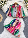 Summer Women Colorful Stripe Beach Suits Puff Sleeve Printed Top Blouse Shorts Mini Skirt Female Chic Tops 2 Piece