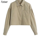 Women Simply Solid Color Double Pockets Patch Short Shirts Office Lady Long Sleeve Blouse Roupas Chic Chemise Tops