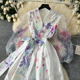 Spring Spring Court Wind Positioning Print Cross V-Neck Tie With Belt Mesh Long Sleeves Spliced