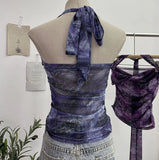 Solid Shot Tie-Dye-Dyed Denim Print Folding Mesh Sling Sling Sling Neck With Bow Striped Backwear