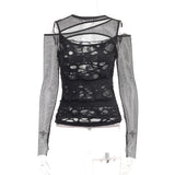 Autumn New Personality Women's Wear Dark Wind Hot Girl Sexy Slim Grid Hole Long-Sleeved Top Girl-Outfit