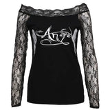 Women Lace T-shirts Autumn Winter 2024 Top Clothing Gothic Vintage Sexy Aesthetic y2k Off Shoulder Long Sleeve Top Streetwear-Outfit