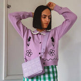 Autumn Casual Kawaii Cute Sweater Floral Embroidery Y2K Cropped Knitted Cardigan Button Up Long Sleeve Jumpers