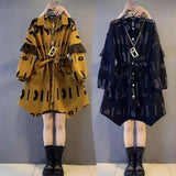Printed Drawstring Shirring Shirt Spring Autumn Female Clothing Casual Lapel Lace Spliced Korean Irregular Hem Blouse-Outfit