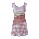 Sexy Ruched U Collar Contrast Color Plaid Print Mini Mesh Sling Dress Women Packages Hips A-lined Robe With Lining-Outfit