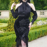 Autumn New Sexy Hip Skirt Fashion Temperament Slim Peacock Flower Lotus Leaf Edge Fishtail Skirt Women's Dress-Outfit
