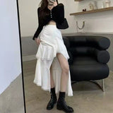 Party Casual High Waist Irregular Skirt Women White Korean Designer Ruffles Split Skirt Slim Office Lady Streetwear Chic Party