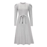 Puff Sleeve Solid Color Dress Round Neck High Waist Lace Temperament Thinner Knitted Base Sweater A-Line