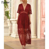 2023 Summer Boho Women Maxi Dress Loose Embroidery White Lace long Tunic Beach Dress Vacation Holiday Women