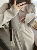 Turn Down Collar Long Sleeve Knitting Sweater Cardigan Slim Korean Bodycon Party Midi Dress Women Oversized Autumn