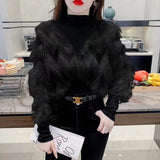 Tassel Korean Blouse Autumn Winter Fake Two Pieces Patchwork Women's Clothing Solid Color Casual Half High Collar