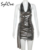 2024 Summer New Vintage silver Matte Tight Sexy Hot Mature Beautiful Gentle High Street Cool Women's Hip Halter Dress-Outfit