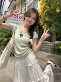 Round-Neck Short-Sleeved Sweater Women's Summer Korean Sweater Sweet Gentle Sweater Pull Rope Wrinkle Slim Bm Blouse-Outfit