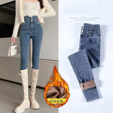 Astetic Skinny Stretch Warm Fleece Jeans High Waist Woman Pencil Pants Streetwear Denim Trousers Vetement Femme Winter
