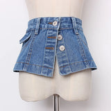 2023 New Spring Summer Denim Personality Split Joint Irreguar Button Wide Belt Women Fashion Tide All-match