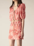 Patchwork Floral Two Piece Set Womens Round Neck Puff Sleeve Tops High Waist Mini Skirts Summer Sets Female