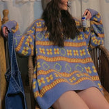 Retro Striped Women Sweater Pullover Tops Autumn Winter Thick Loose Long-Sleeved Round Neck Harajuku Street Style Sweater