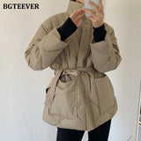 Winter Thick Cotton Padded Coats Women Single-breasted Zippers Lace-up Female Parkas Stand Collar Female