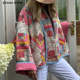 Autumn Winter Pink Geometric Flower Print Lapel Quilted Coat Ethnic Women Quilting Full Sleeve Oversized Jacket Outerwear-Outfit