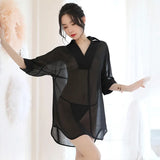 Sexy Lady Chiffon Shirt Pajamas Adorable Adorable Princess Perspective With Solid Suit Passion
