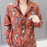 Vintage Flowers Printed Blouse Spring Autumn Long Sleeve Women's Clothing Casual Polo-Neck Commute Single-breasted