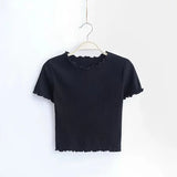 Wood ears O neck Short sleeve T-shirt 2023 New Woman Slim Fit t shirt tight tee Summer Retro Tops 6 colors-Outfit