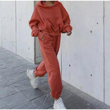 Autumn Winter Two Piece Set For Women Tracksuit Harajuku Hooded Sweatshirt And Elastic Waist Long Pant 2021 Solid
