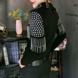 Style Slim Chic Rivet T-shirt Fashion Solid Color Spring Autumn Tassel Women's Clothing Stand Collar Cut Out Pullovers
