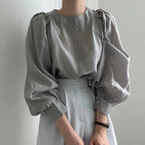 Simple Round Neck Women's Blouse Autumn Lantern Long Sleeve Pleated Casual Shirts Ladies Loose Elegant Woman Top