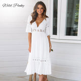 New White Lace Up Long Sexy Dress Women Summer V-neck Hollow Out Party Bohemian Dress Casual Feminino Dresses