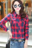 Casual Button Down Lapel Neck Plaids Checks Flannel Shirts Women Long Sleeve Tops Blouse Free