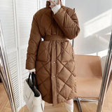 Women's Dual Pocket Long Winter Quilted Coat Knee Length Korean Belted Warm