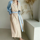 Spring Autumn French Splicing Single Breasted Long Lace Up Waist Closing Slim Women Fashion