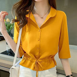 Women Solid Turn-down Collar Half Sleeve Chiffon Shirt Fashion Casual Shirring Single-breasted Blouses Female 319-0-Outfit