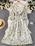 Autumn Bohemian Women Tie Dye Printed Pleated Long Dress Boho O Neck Puff Sleeve High Waist Draped Maxi Vestido