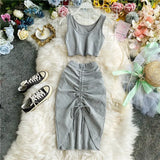 Summer Women 2pcs Set Black/Red Vintage Round Neck Knitted Short Tops + Drawstring Bodycon Skirt Female Two Piece Set