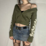 Grunge Fairycore Green Aesthetic Hoodies Women's Floral Printing Harajuku Zip Up Sweatshirts Streetwear Cropped