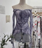 Real Shot One-×Ö Collared Shoulder Long-Sleeved Mesh Printing Top Irregularly Folded Lotus Leaves With Short T-Shirt