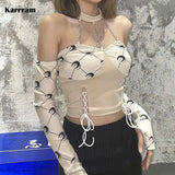 2021 Women Top Moon Print Bandage Bustier Crop Tops Chain Halter T Shirt Off Shoulder Long Sleeve Patchwork Slim