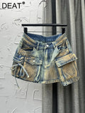 Women's Denim Skirts Multiple Pockets Patchwork Washed Lace-up Cargo A-line Mini Skirt 2024 Summer New Fashion 29L3411-Outfit