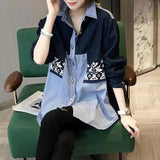 Loose Polo-Neck Shirt Women's Clothing Printed Striped Casual Single-breasted Spring Autumn Korean Patchwork Blouse-Outfit