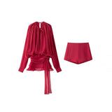 Folding Ribbon Design Loose Waist Mini Dress Shorts Set 2025 Spring And Summer Street Fashion