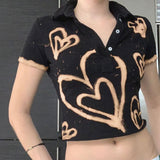 Graduation party Women Solid Basic Polo T-shirts Retro Love Print Button Lapel Umbilical Short-sleeve Cropped Top with Pocket 2022 Summer